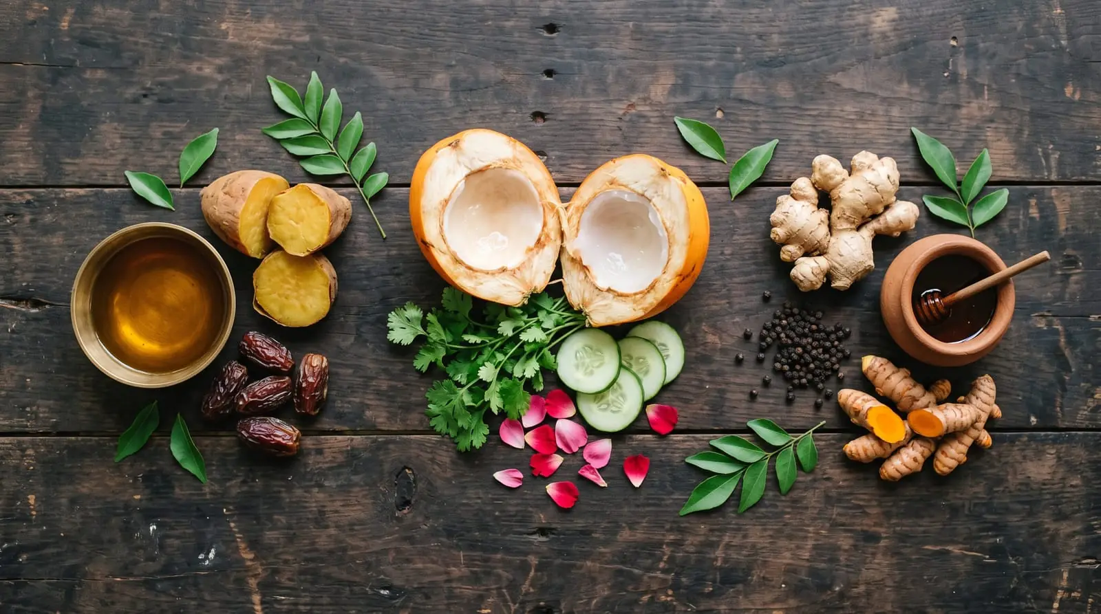 Foods for each dosha: sesame oil, sweet potato and dates; coconut, coriander and cucumber; ginger, pepper, honey and turmeric