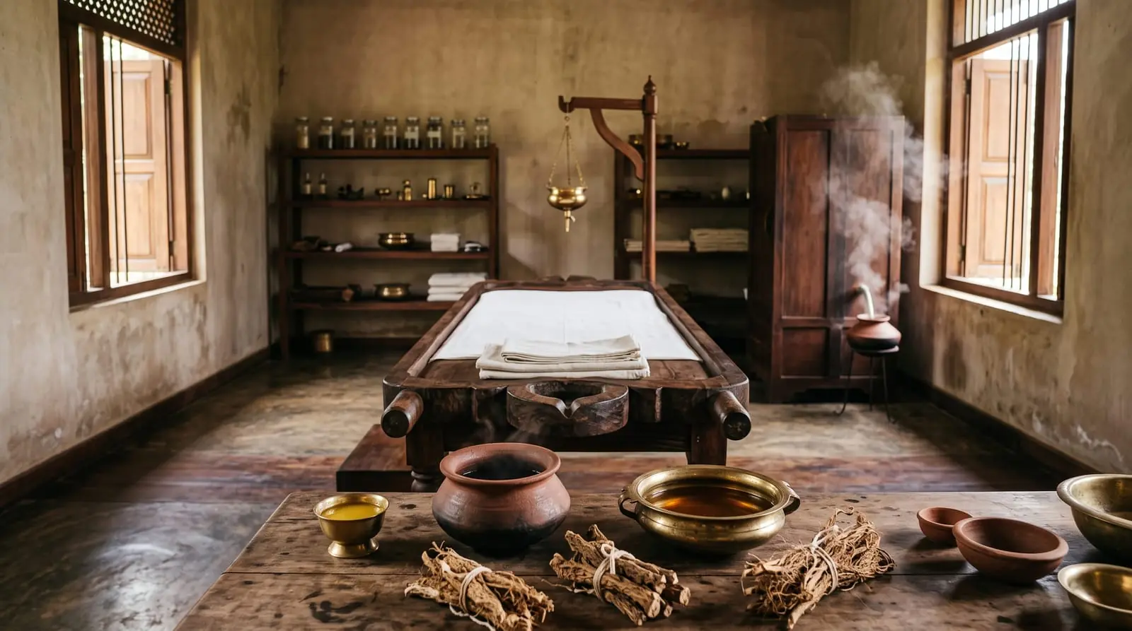 A traditional Panchakarma treatment room with a droni bed, herbal steam and preparatory medicines